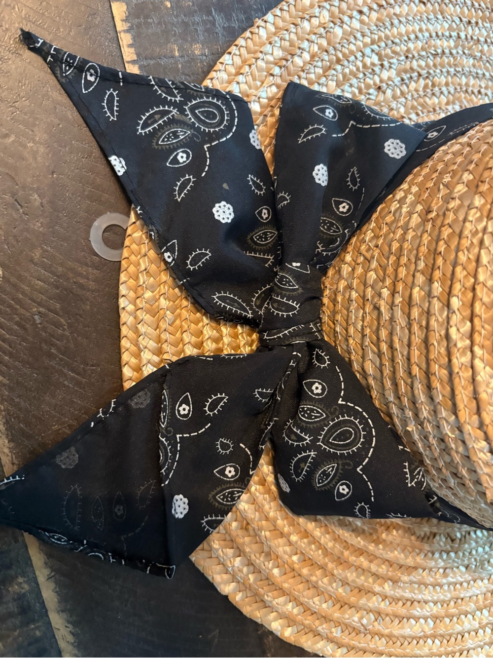 Lightweight Feminine Straw Sun Hat with Black Floral Bandana Bow - Picture 3 of 7